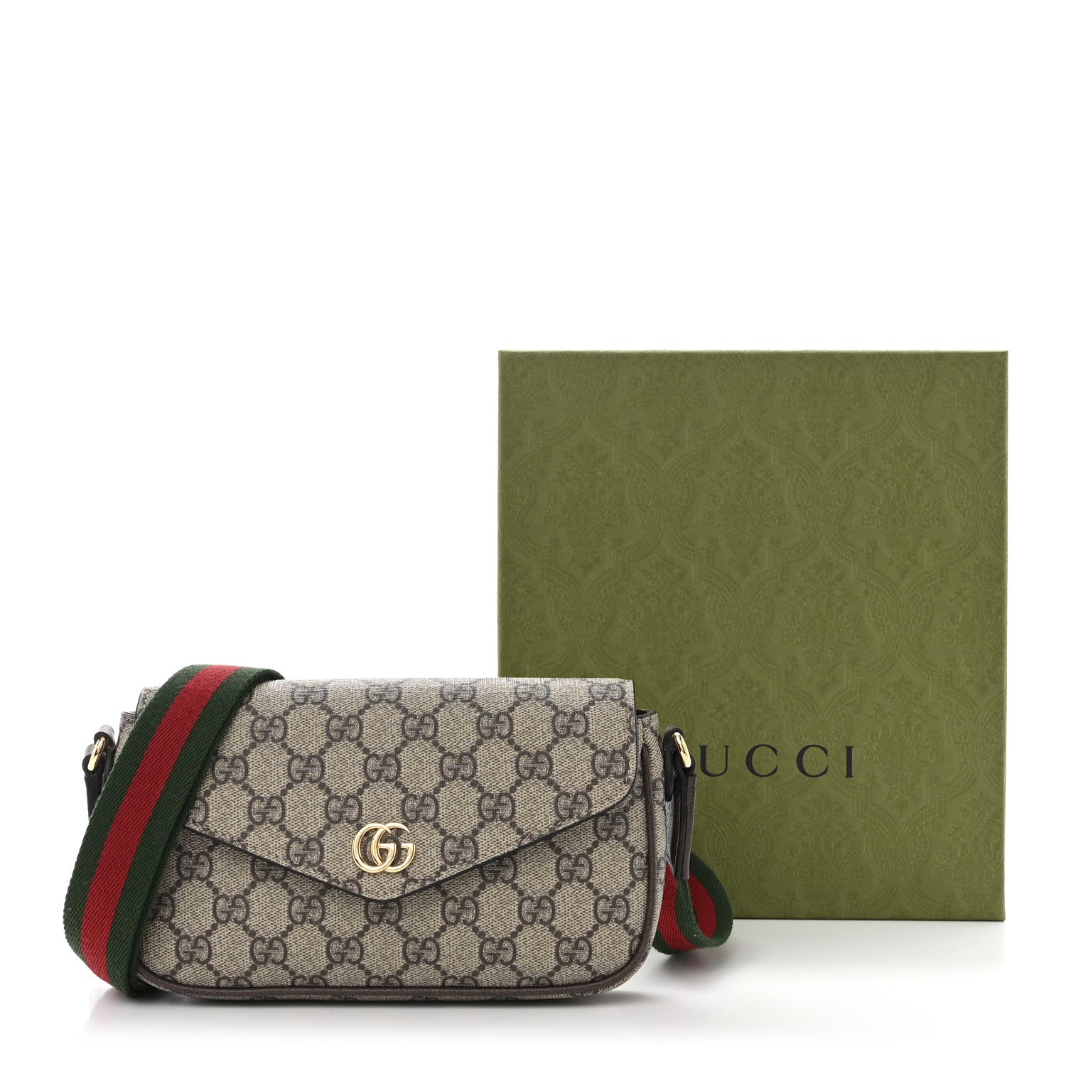 Gucci GG Supreme Monogram Textured Dollar Calfskin Web Mini Ophidia Envelope Shoulder Bag Beige Ebony New Acero 11 of 11