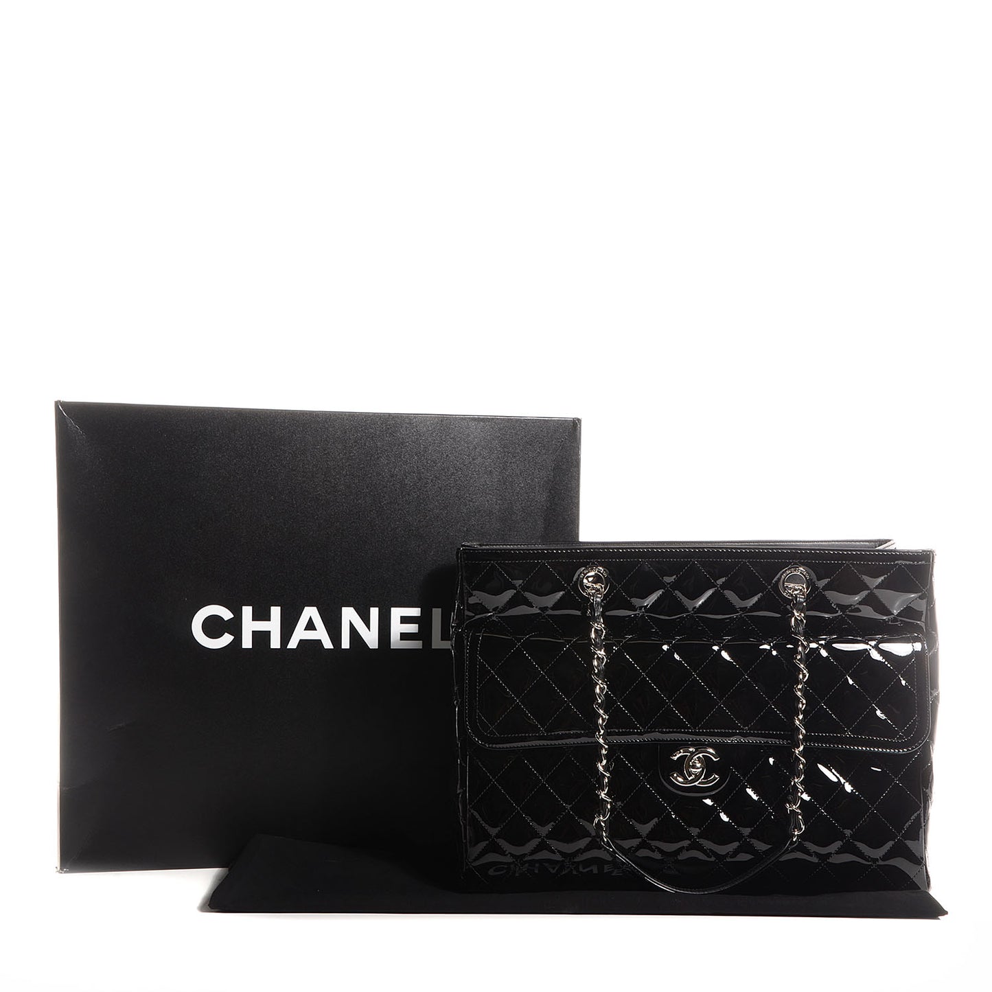 Patent Quilted Coco Shine Shopping Tote Black