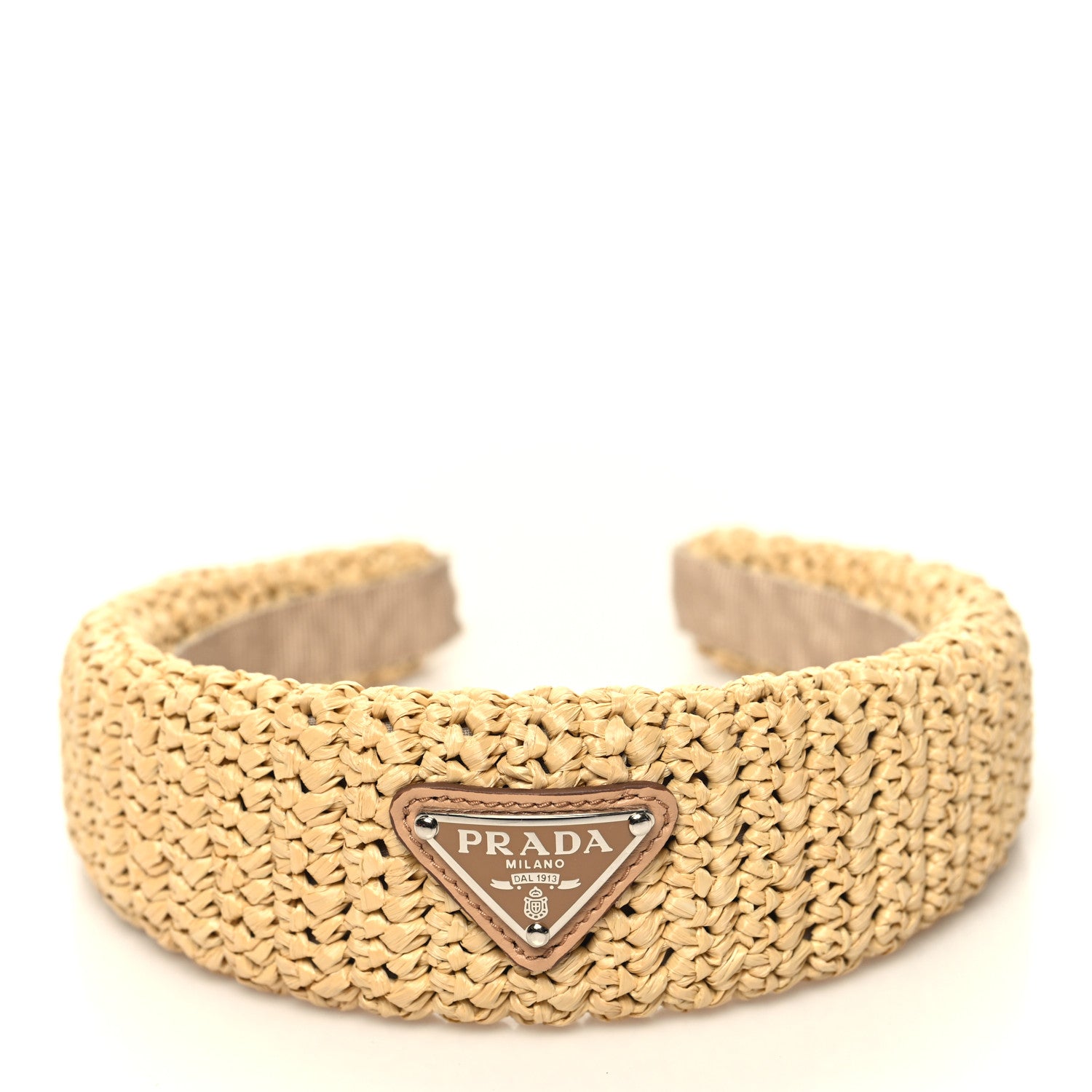 Prada Yarn Raffia Effect Crochet Metal Triangle Logo Headband Naturale 3 of 5