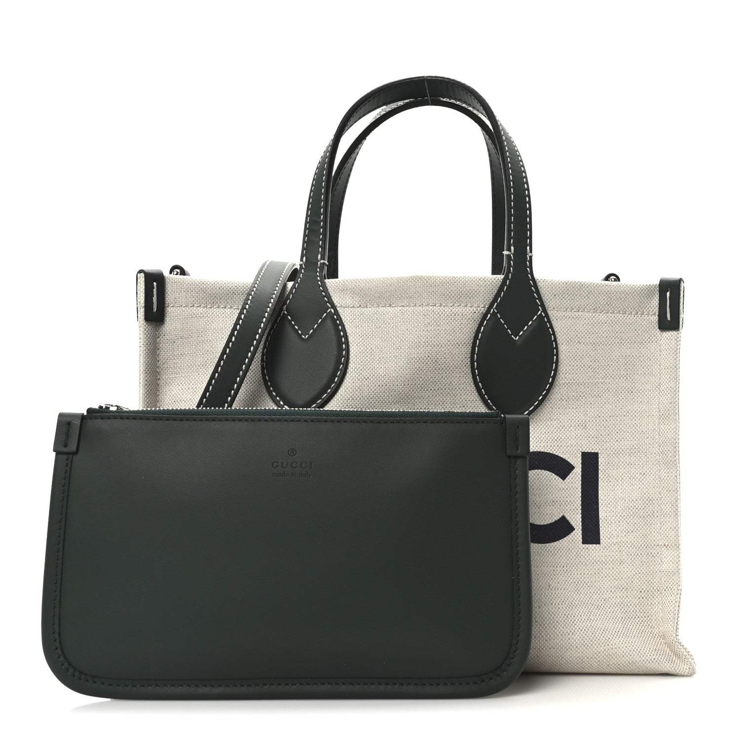 Gucci Canvas Calfskin Logo Print Medium Tote Bag Green 3 of 12