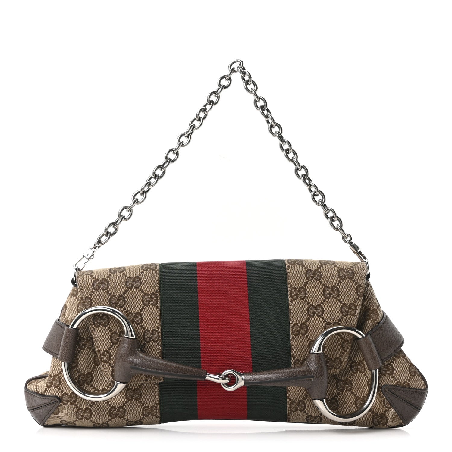 Gucci Monogram Textured Dollar Calfskin Heavy Grosgrain Web Medium Maxi Horsebit Chain Shoulder Bag Beige Ebony New Acero 1 of 11