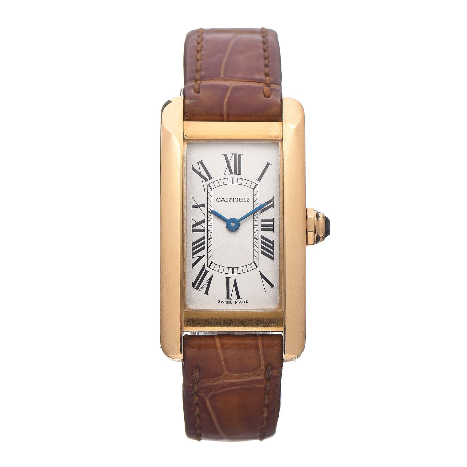 Cartier 18K Yellow Gold Alligator 19mm Tank Americaine Quartz Watch Brown 1 of 8