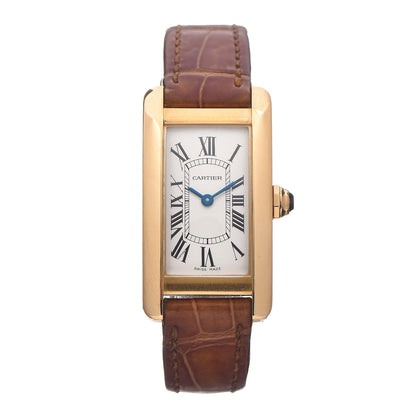 Cartier 18K Yellow Gold Alligator 19mm Tank Americaine Quartz Watch Brown 1 of 8