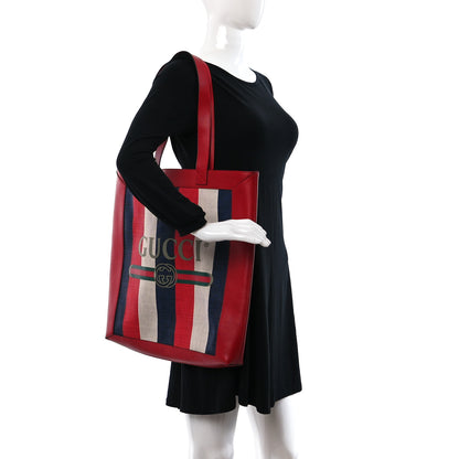 Gucci Canvas Calfskin Sylvie Stripe Logo Mens Tote Red White Blue 2 of 9