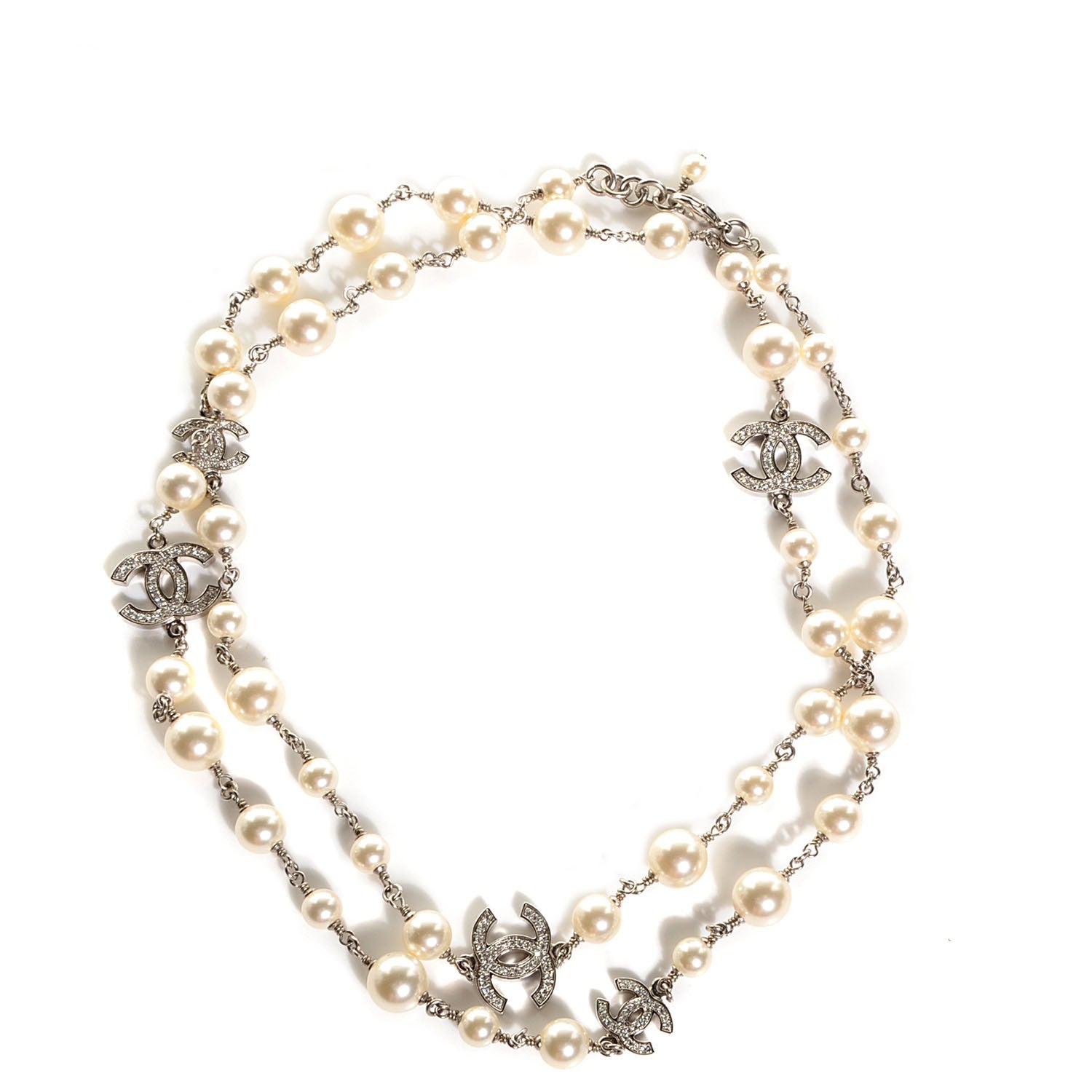 Chanel Crystal Pearl CC Long Necklace Silver 1 of 5