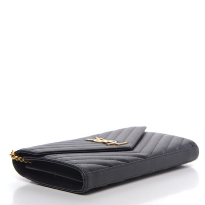 Saint Laurent Grain De Poudre Matelasse Chevron Monogram Chain Wallet Black 4 of 15
