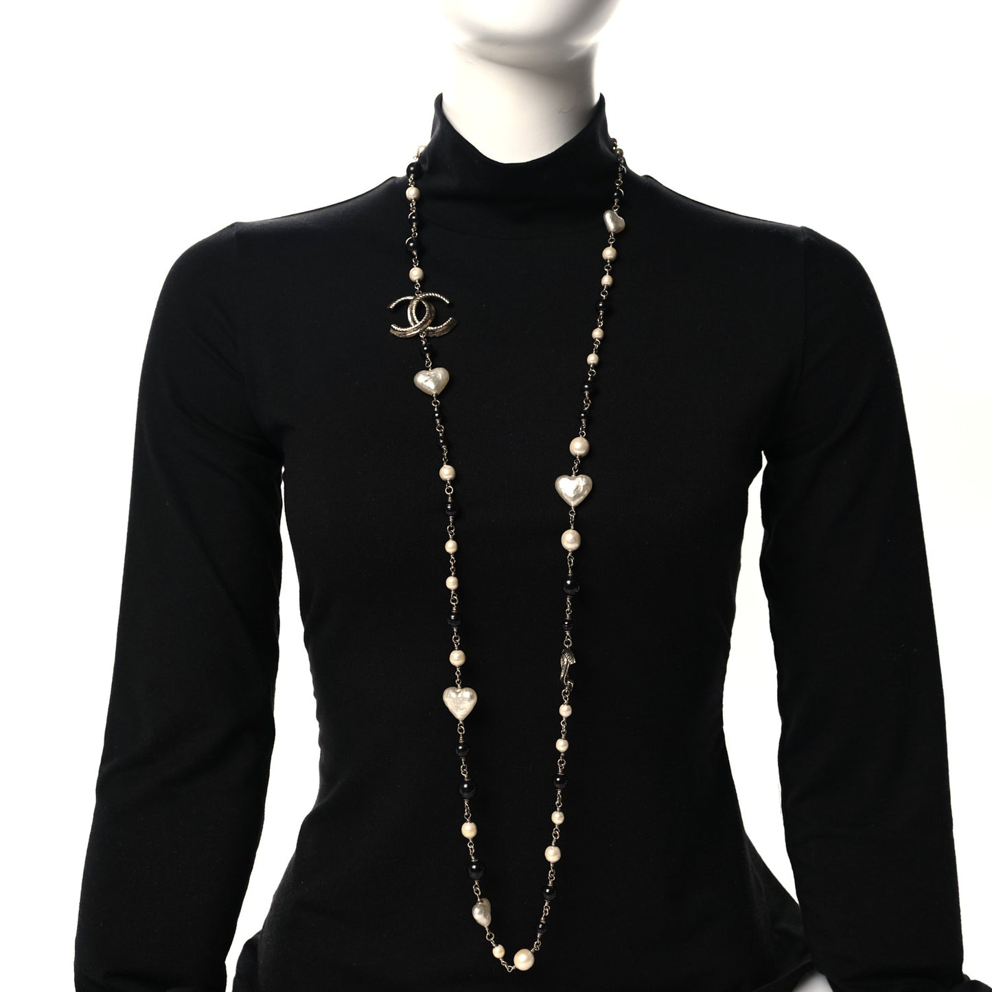 Pearl Bead Heart CC Long Necklace Gold Black