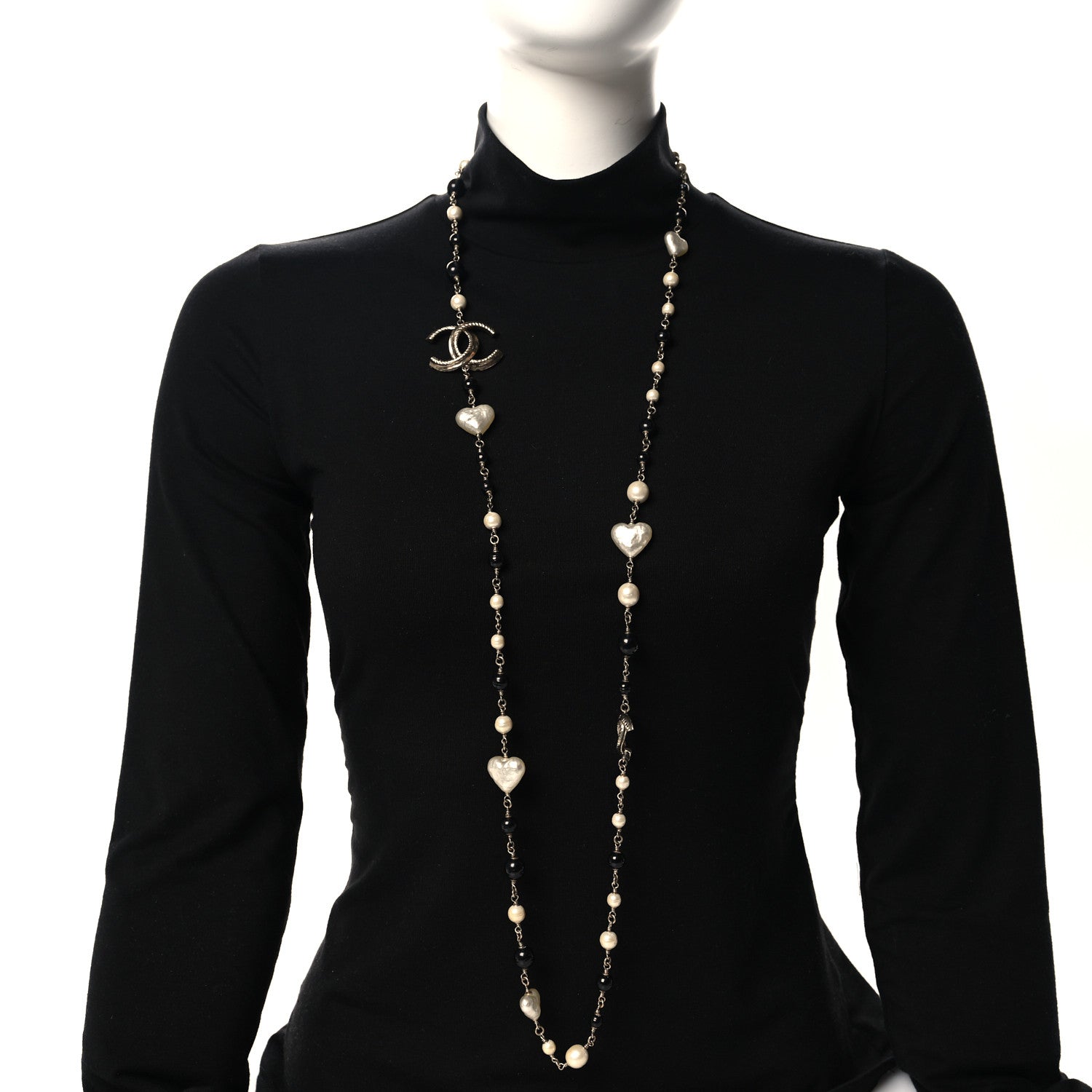 Chanel Pearl Bead Heart CC Long Necklace Gold Black 2 of 5