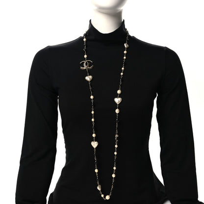 Chanel Pearl Bead Heart CC Long Necklace Gold Black 2 of 5