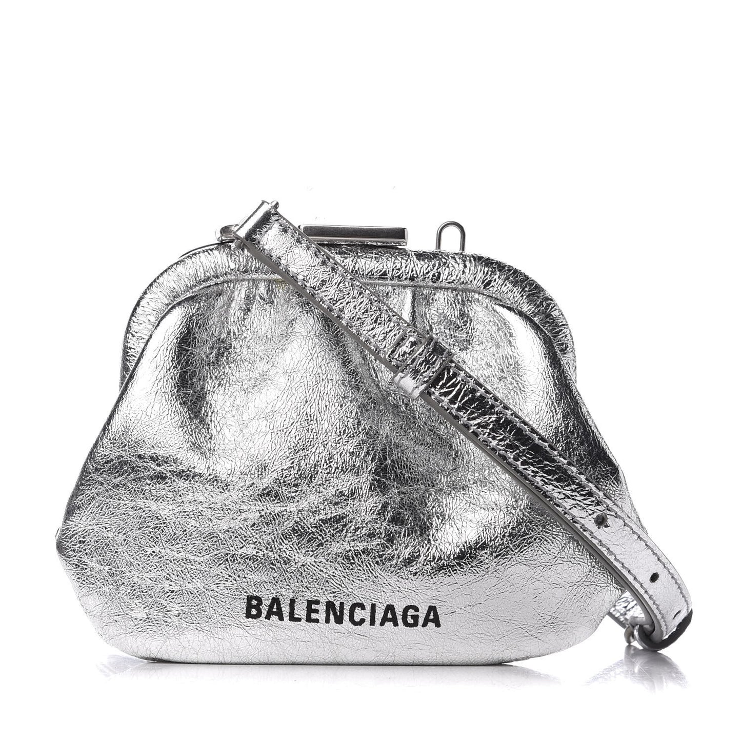 Metallic Textured Calfskin Logo Cloud Coin Purse With Strap Silver