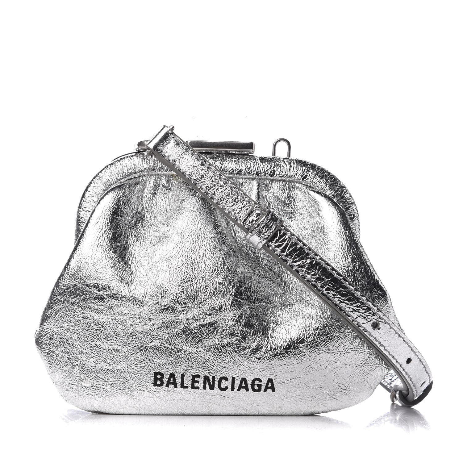 Balenciaga Metallic Textured Calfskin Logo Cloud Coin Purse With Strap Silver 1 of 10