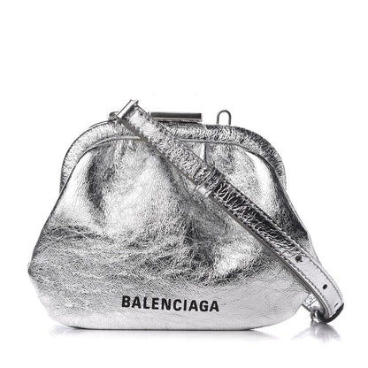 Balenciaga Metallic Textured Calfskin Logo Cloud Coin Purse With Strap Silver 1 of 10