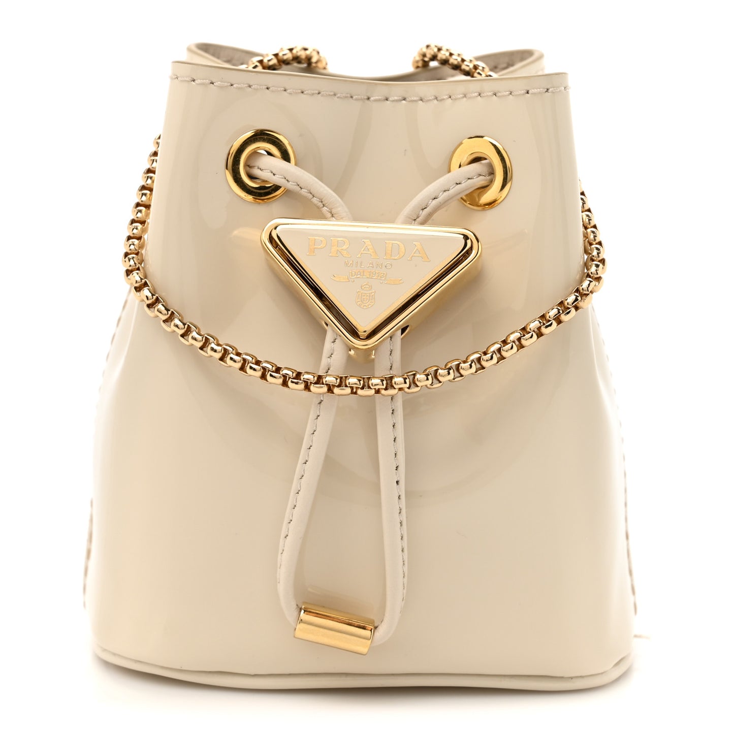 Vernice Metal Triangle Logo Mini Drawcord Pouch Shoulder Bag Avorio