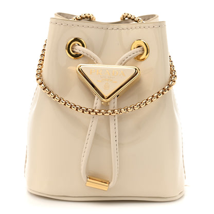 Prada Vernice Metal Triangle Logo Mini Drawcord Pouch Shoulder Bag Avorio 1 of 9