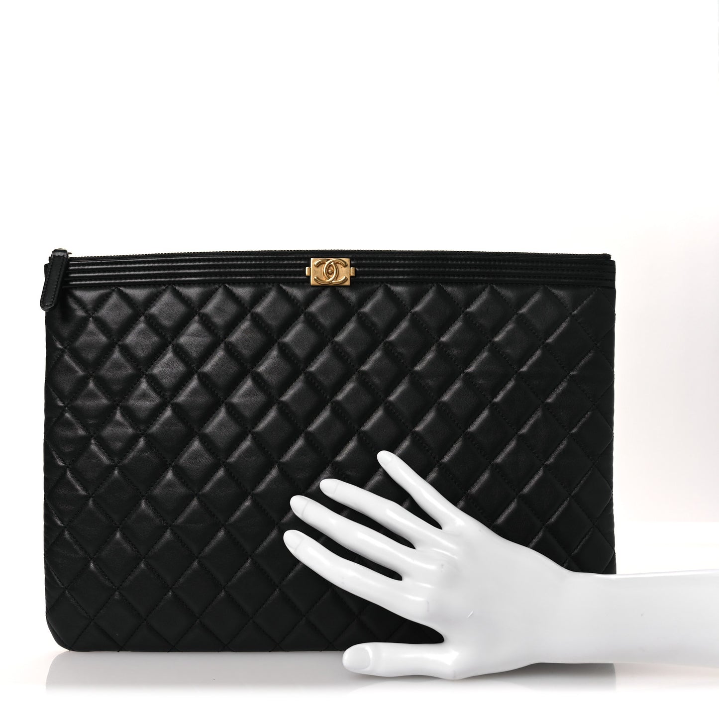 Lambskin Quilted Large Boy Zip Pouch Black
