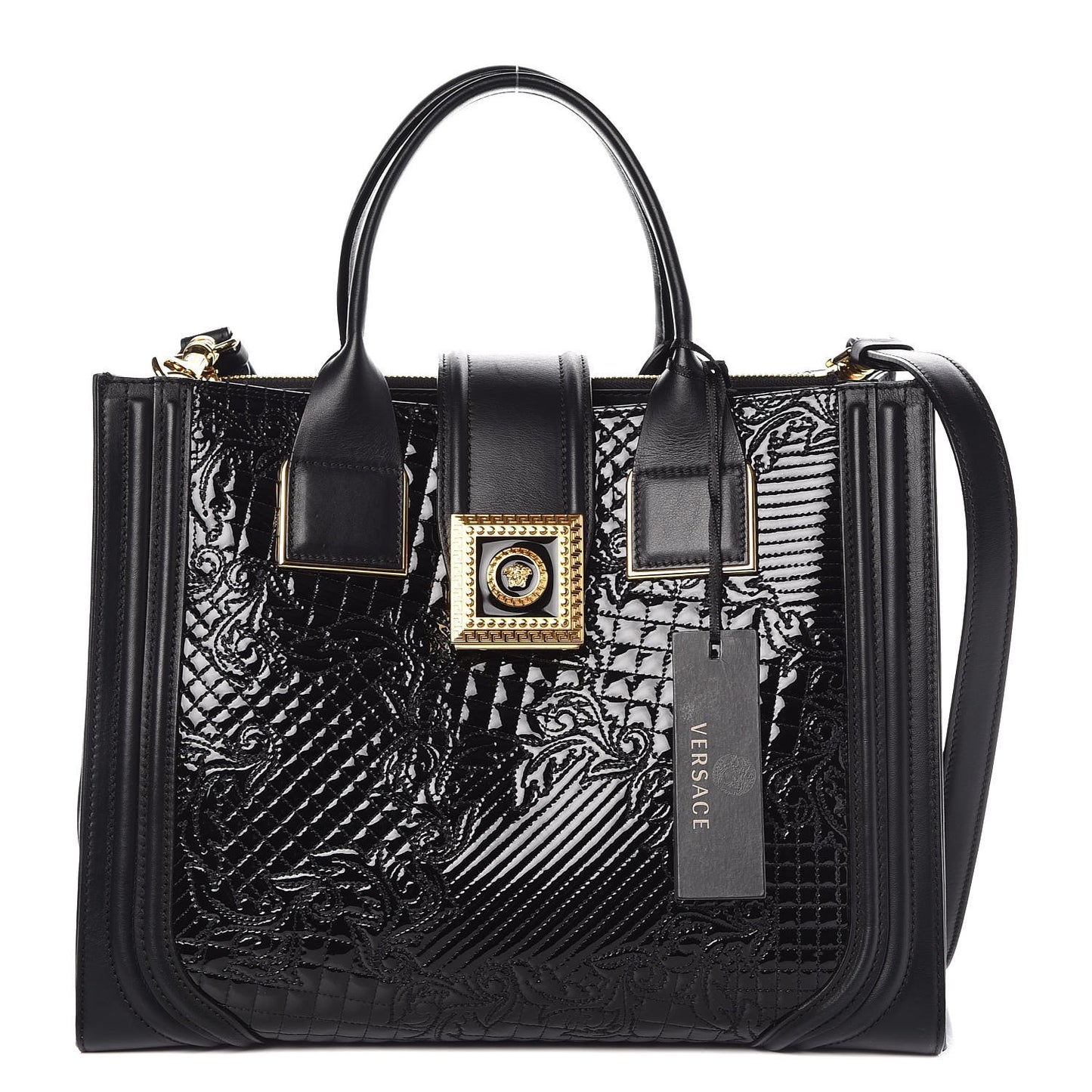 Patent Calfskin Barocco Quilted Day Bag Black