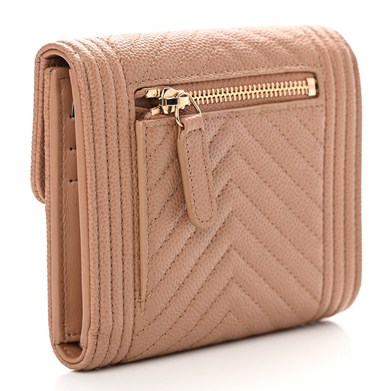 Chanel Caviar Chevron Quilted Boy Compact Wallet Light Brown 3 of 9