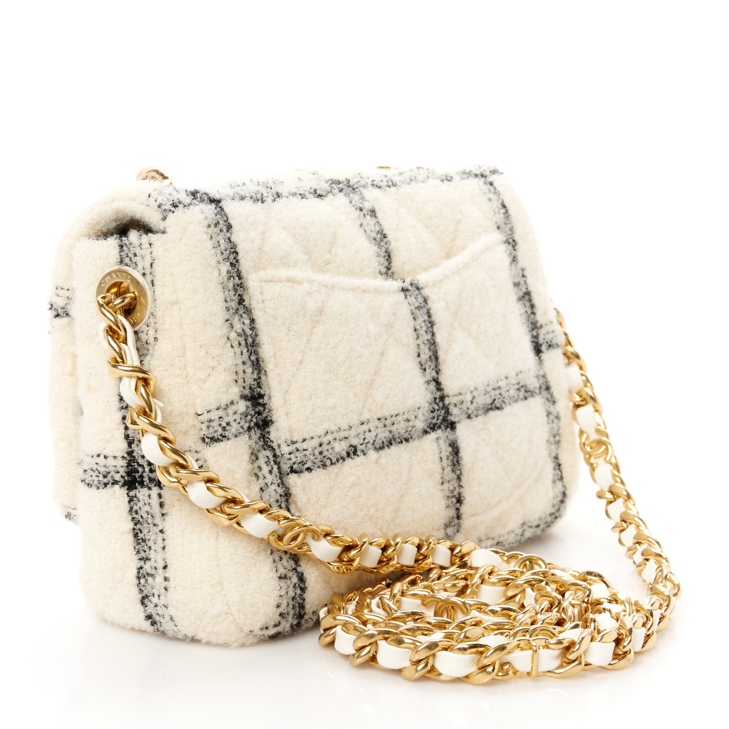 Wool Tweed Quilted Small Elegant Chain Flap White