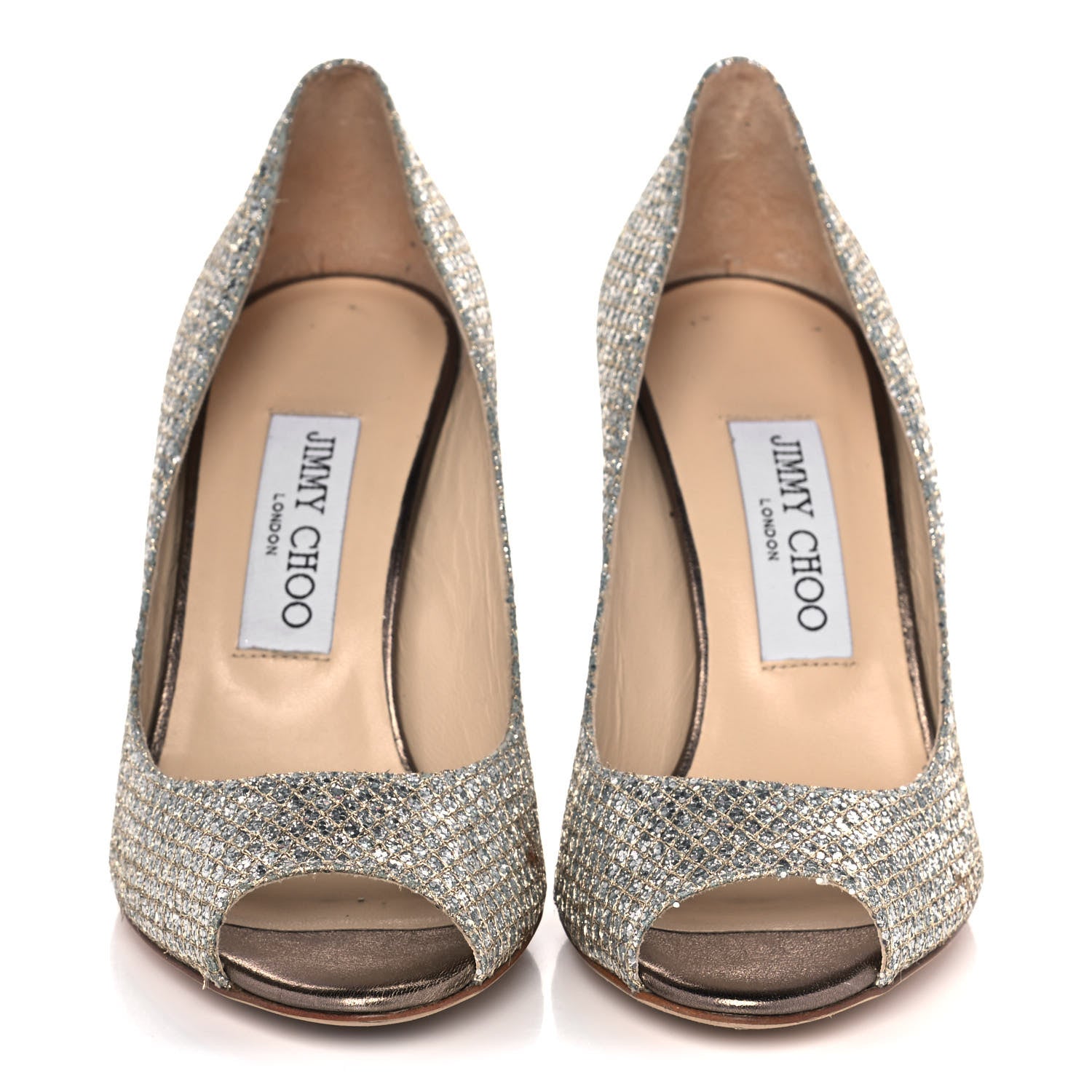 Jimmy Choo Glitter Fabric Baxen Peep Toe Wedges 36.5 Silver Gold 2 of 10