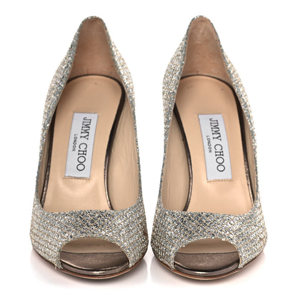 Jimmy Choo Glitter Fabric Baxen Peep Toe Wedges 36.5 Silver Gold 2 of 10