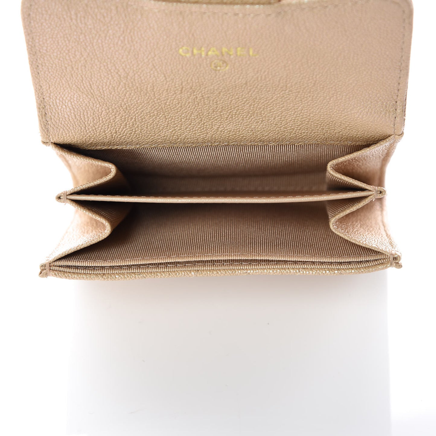 Iridescent Caviar Quilted Flap Card Holder Wallet Beige