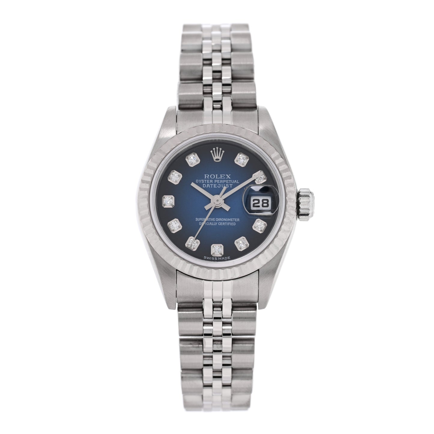 Stainless Steel 18K White Gold Diamond 26mm Oyster Perpetual Datejust Watch Blue Gradient 79174