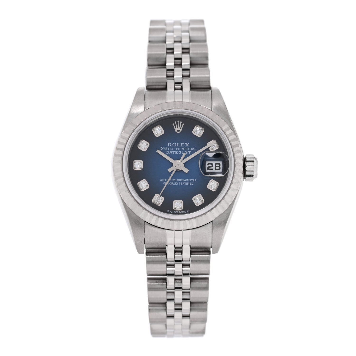 Rolex Stainless Steel 18K White Gold Diamond 26mm Oyster Perpetual Datejust Watch Blue Gradient 79174 1 of 5