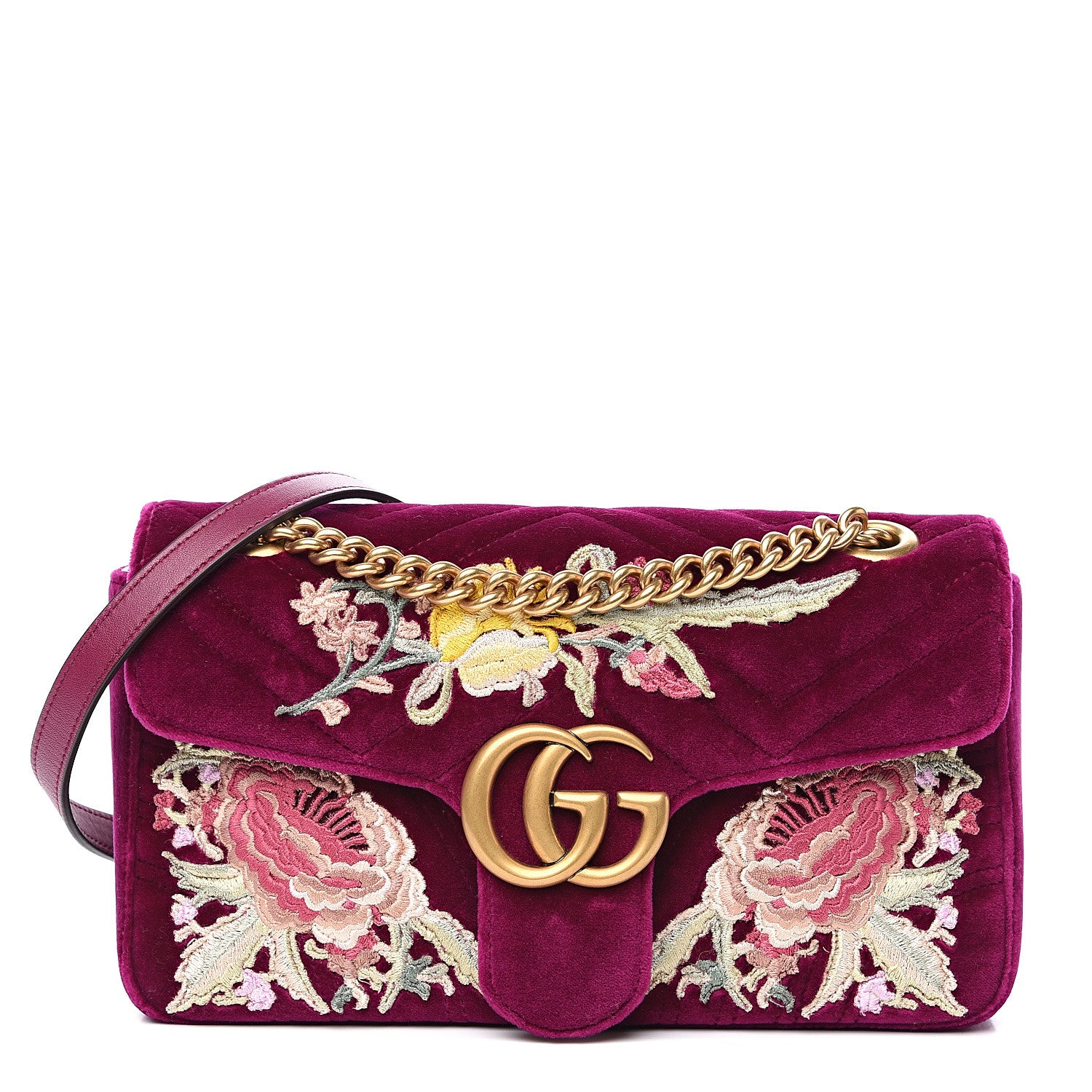 Gucci Velvet Matelasse Embroidered Small GG Marmont Shoulder Bag Fuchsia Violet Cyclamen 1 of 10
