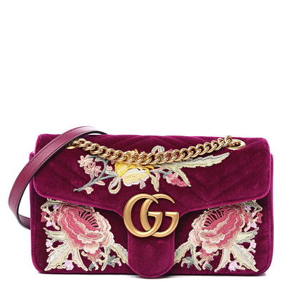 Gucci Velvet Matelasse Embroidered Small GG Marmont Shoulder Bag Fuchsia Violet Cyclamen 1 of 10