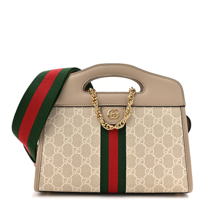 Gucci GG Supreme Monogram Textured Dollar Calfskin Web Small Ophidia Slip Handle Tote Beige Mystic White Oatmeal 1 of 11