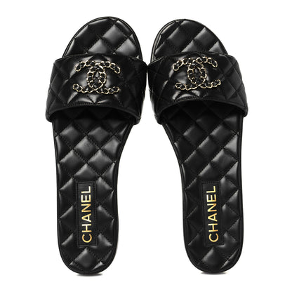 Chanel Shiny Goatskin Quilted CC Mules Sandals 39.5 Black 2 of 10