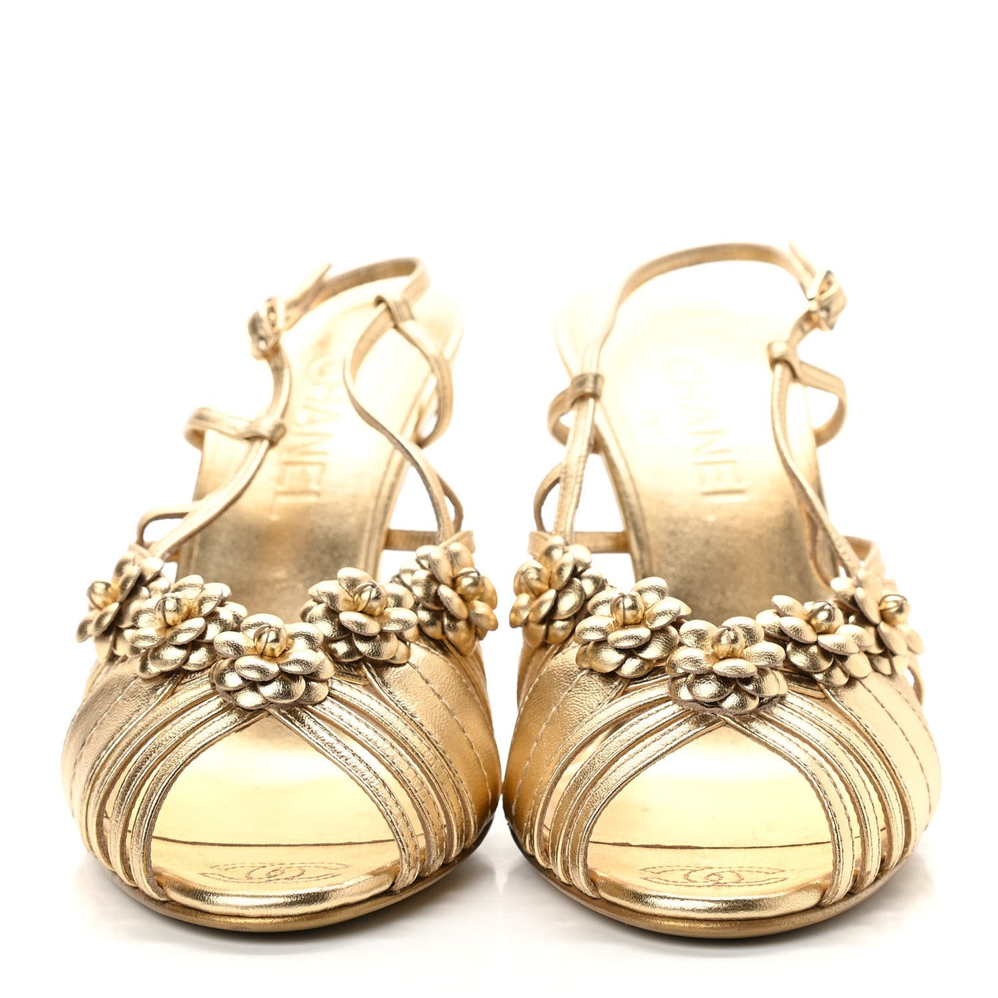 Laminated Lambskin Camellia Sandals 39 Gold