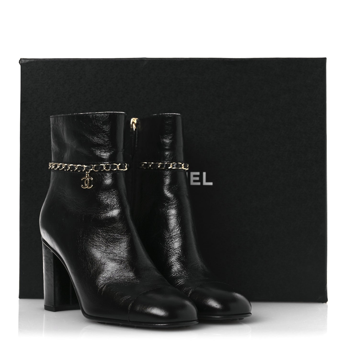 Crumpled Calfskin Cap Toe Chain Short Boots 35 Black 39.5 Black