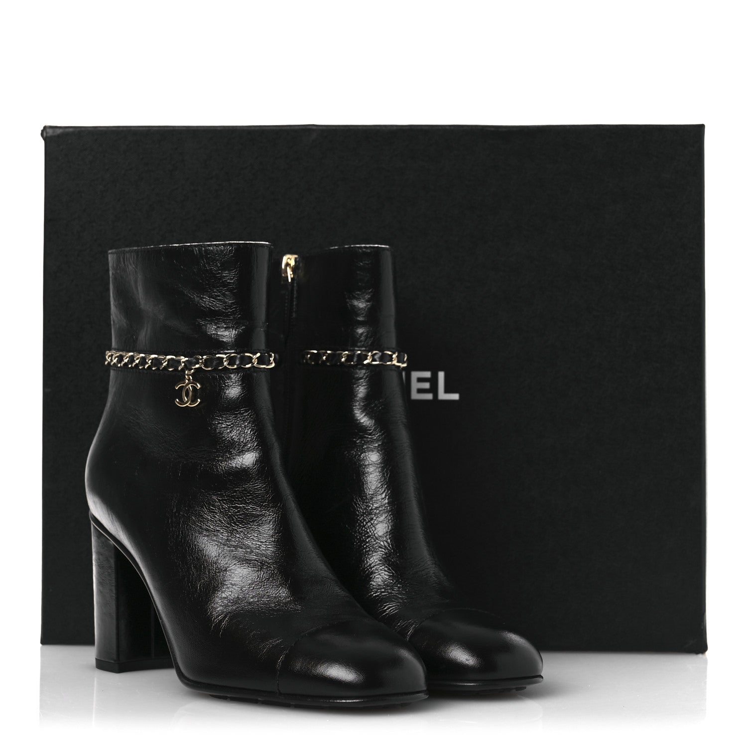 Chanel Crumpled Calfskin Cap Toe Chain Short Boots 35 Black 39.5 Black 11 of 11
