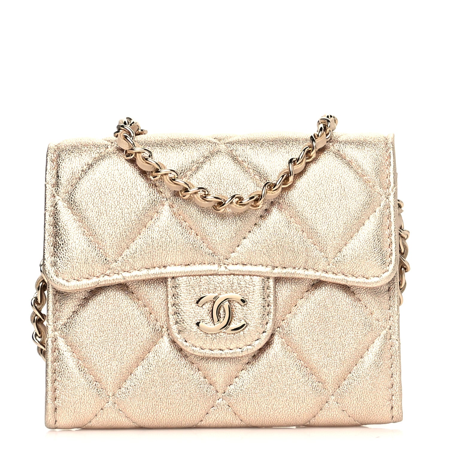 Chanel Metallic Lambskin Quilted Flap Card Holder On Chain Gold 1 of 10