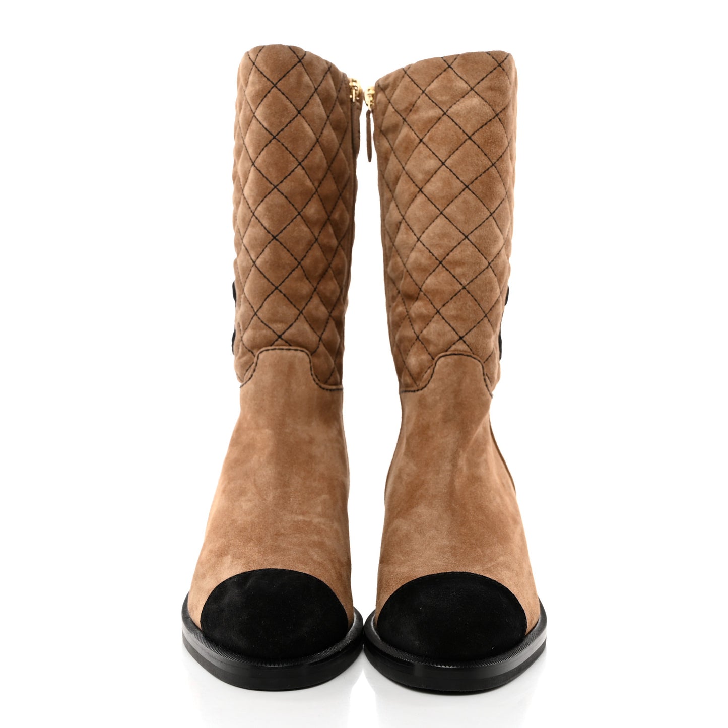Suede Quilted CC High Boots 38.5 Dark Beige Black