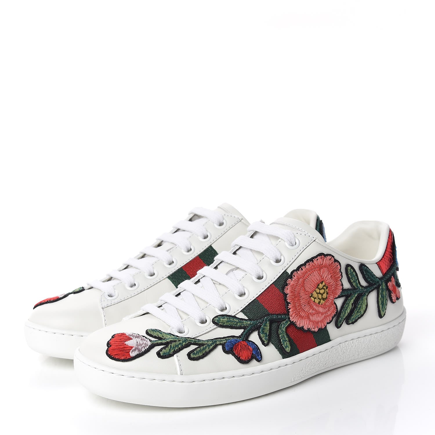 Gucci Calfskin Web Floral Embroidered Ace Sneakers 35 White 3 of 9