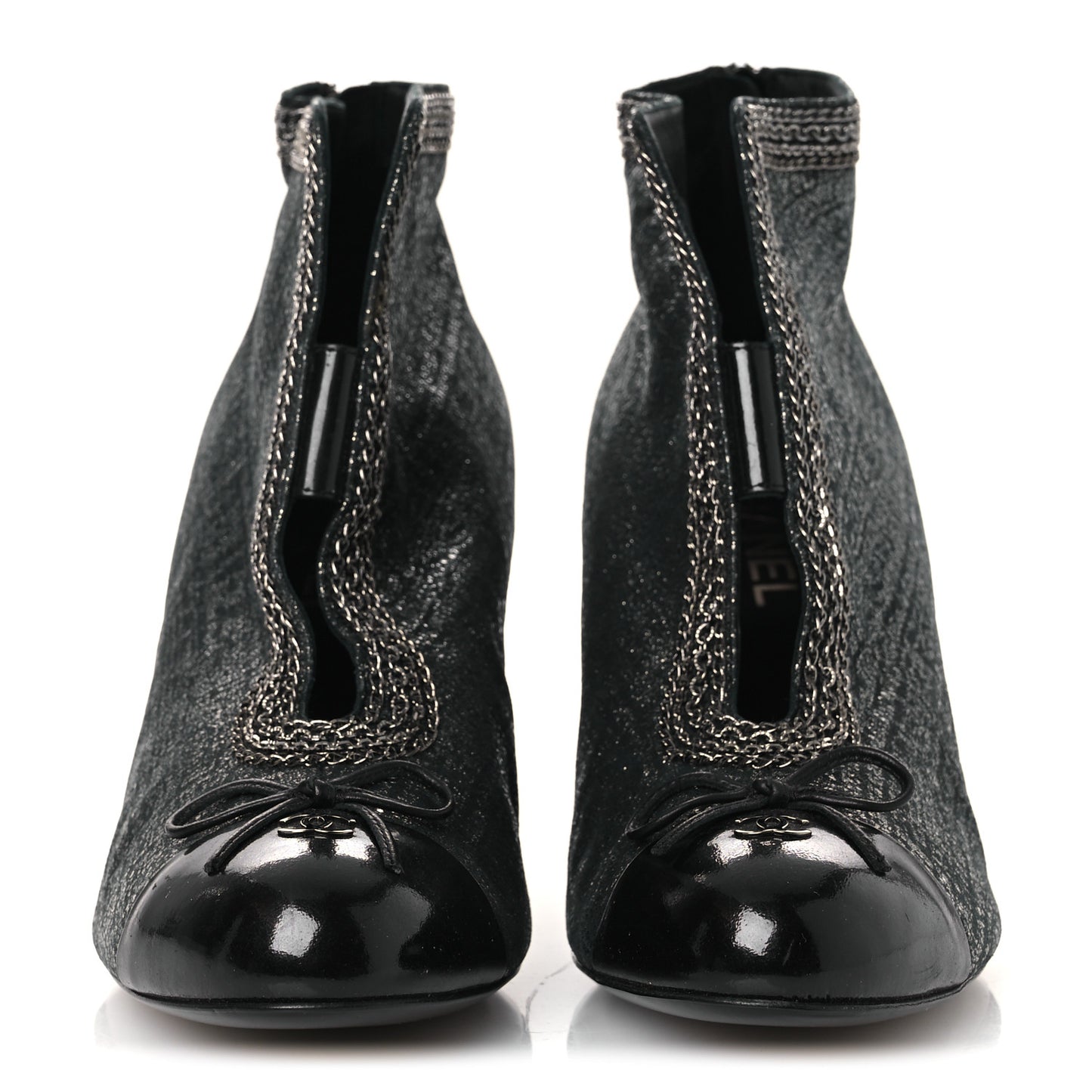Metallic Tweed Patent Cap Toe CC Chain Ankle Booties 40 Black
