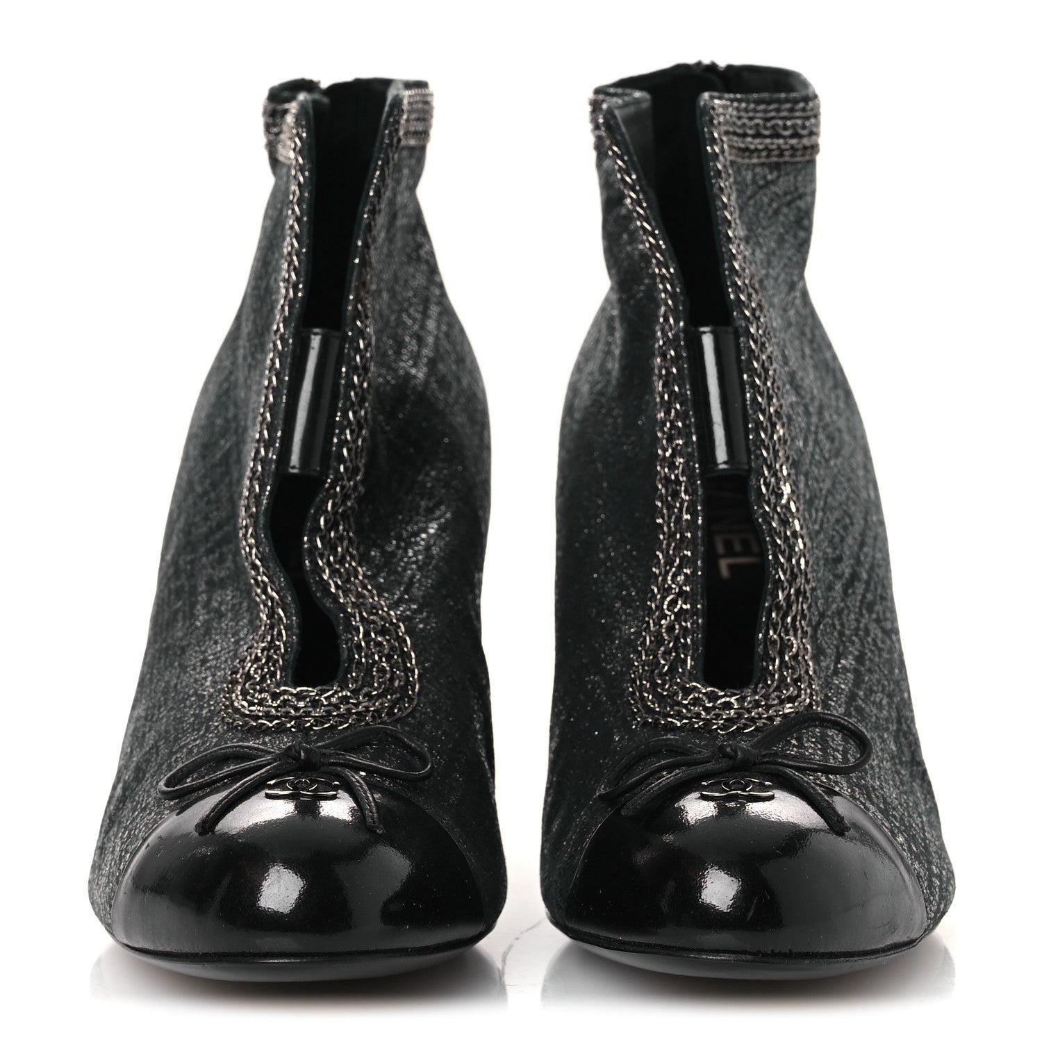 Chanel Metallic Tweed Patent Cap Toe CC Chain Ankle Booties 40 Black 3 of 12