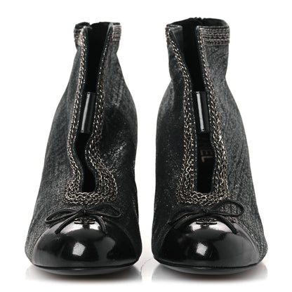 Chanel Metallic Tweed Patent Cap Toe CC Chain Ankle Booties 40 Black 3 of 12