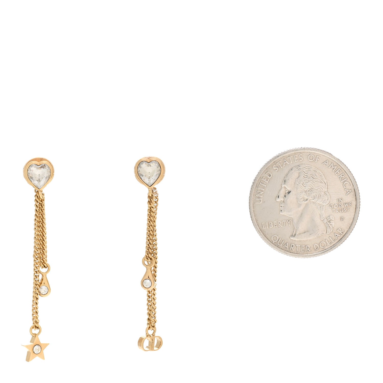 Christian Dior Crystal Heart Dangle Chain Earrings Gold 2 of 5