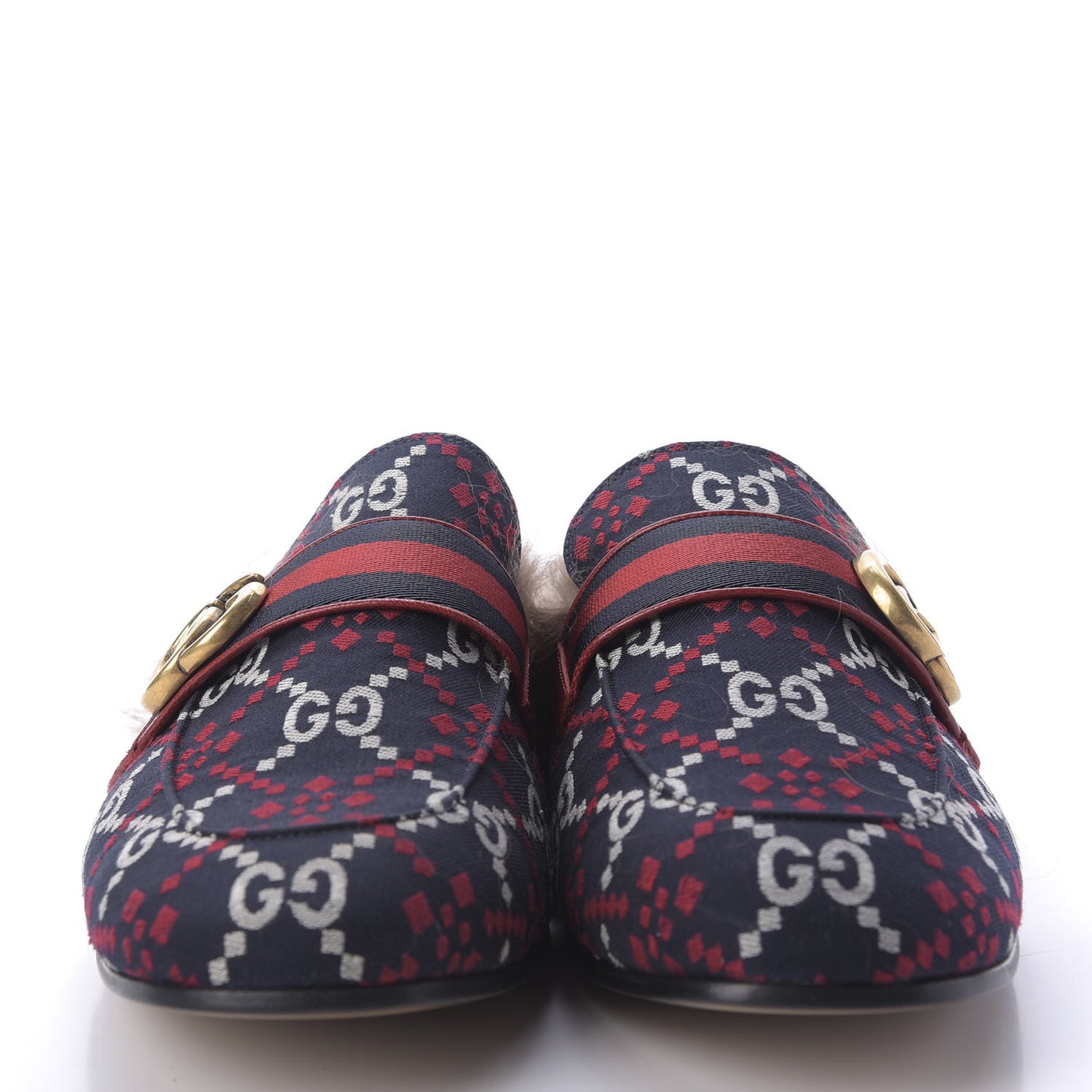 Canvas GG Monogram Diamond Fur Web GG Mens Princetown Slippers 8 Midnight Blue Hibiscus Red
