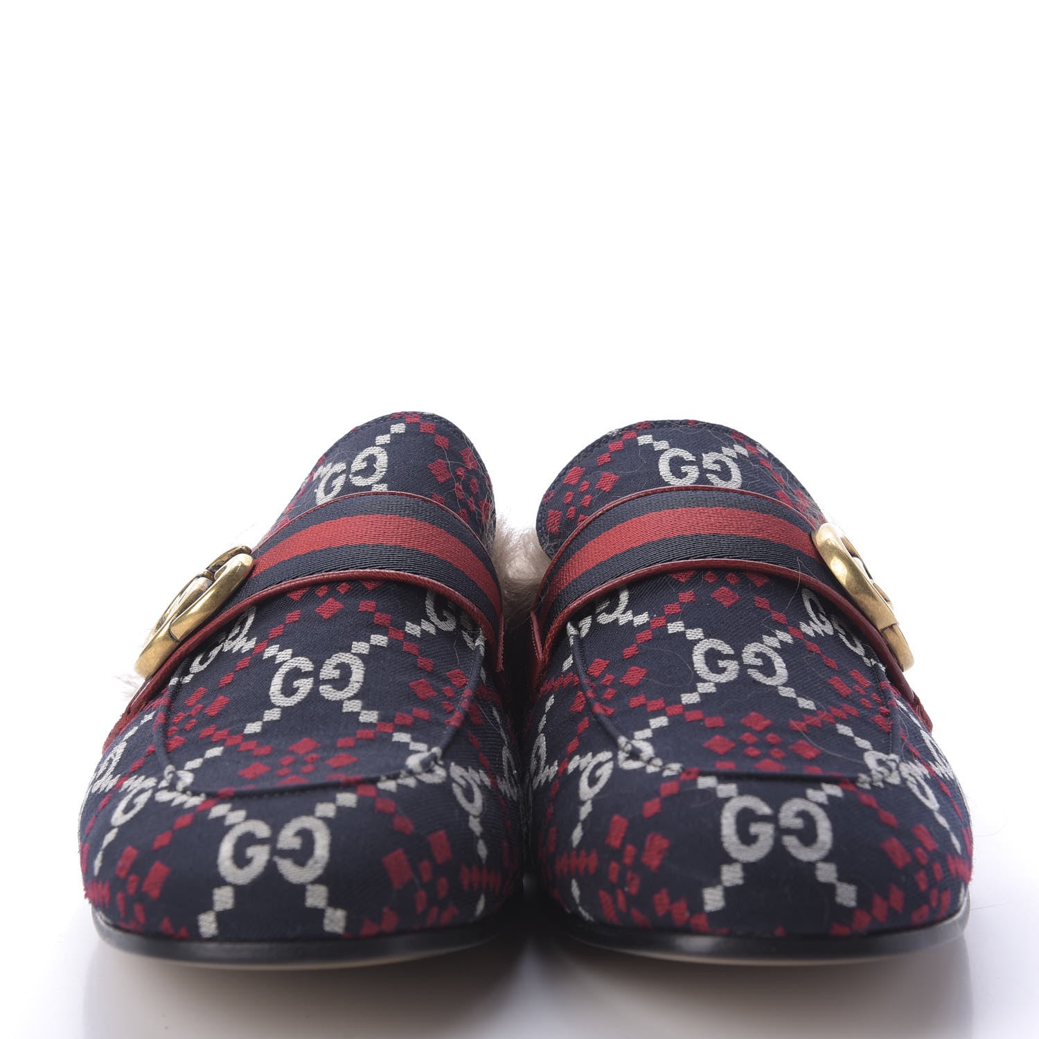 Gucci Canvas GG Monogram Diamond Fur Web GG Mens Princetown Slippers 8 Midnight Blue Hibiscus Red 2 of 9