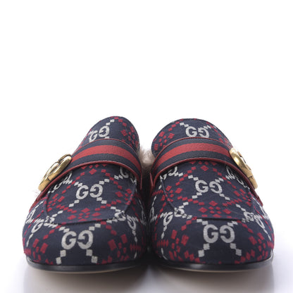 Gucci Canvas GG Monogram Diamond Fur Web GG Mens Princetown Slippers 8 Midnight Blue Hibiscus Red 2 of 9