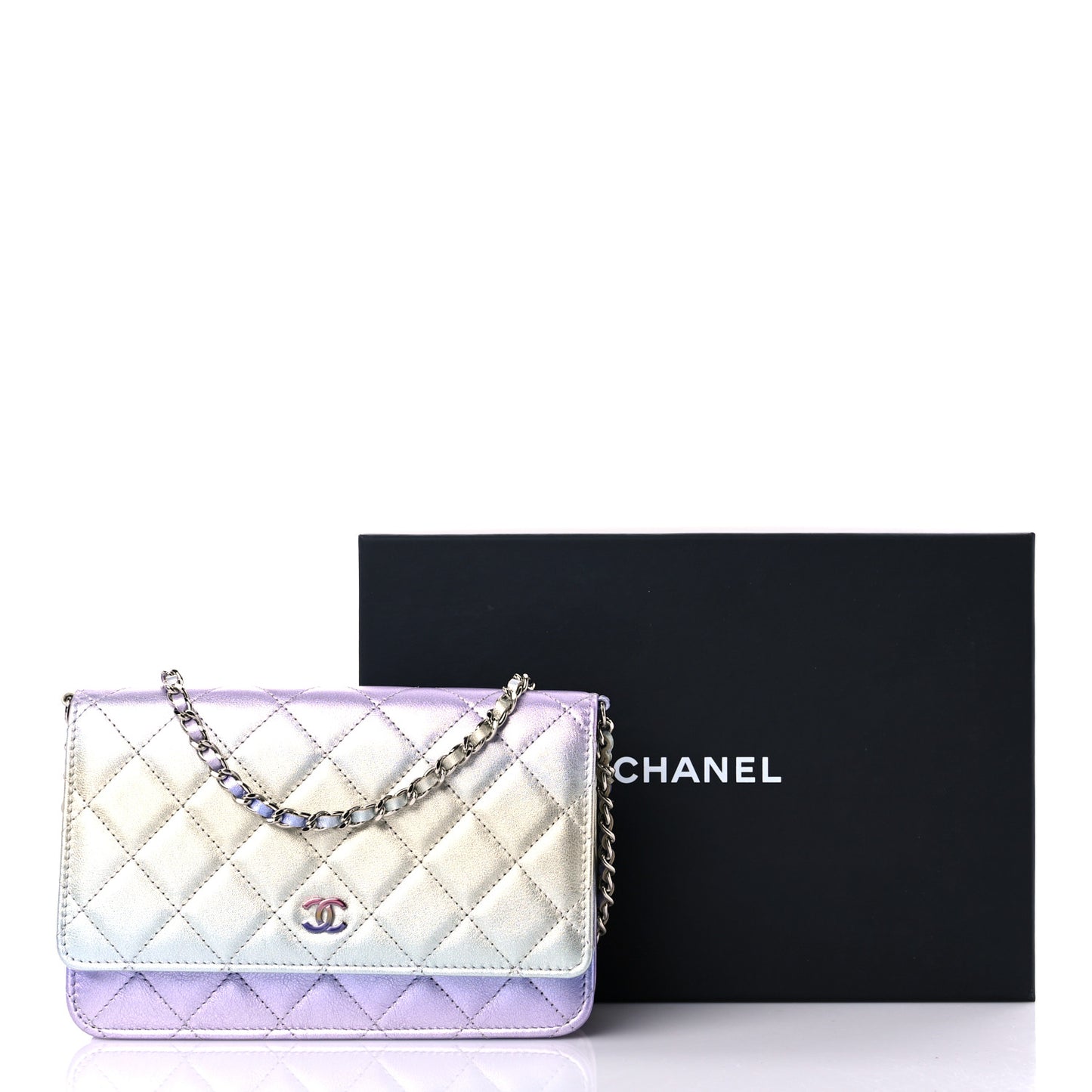 Gradient Metallic Calfskin Quilted Wallet On Chain WOC Silver Blue Yellow Purple