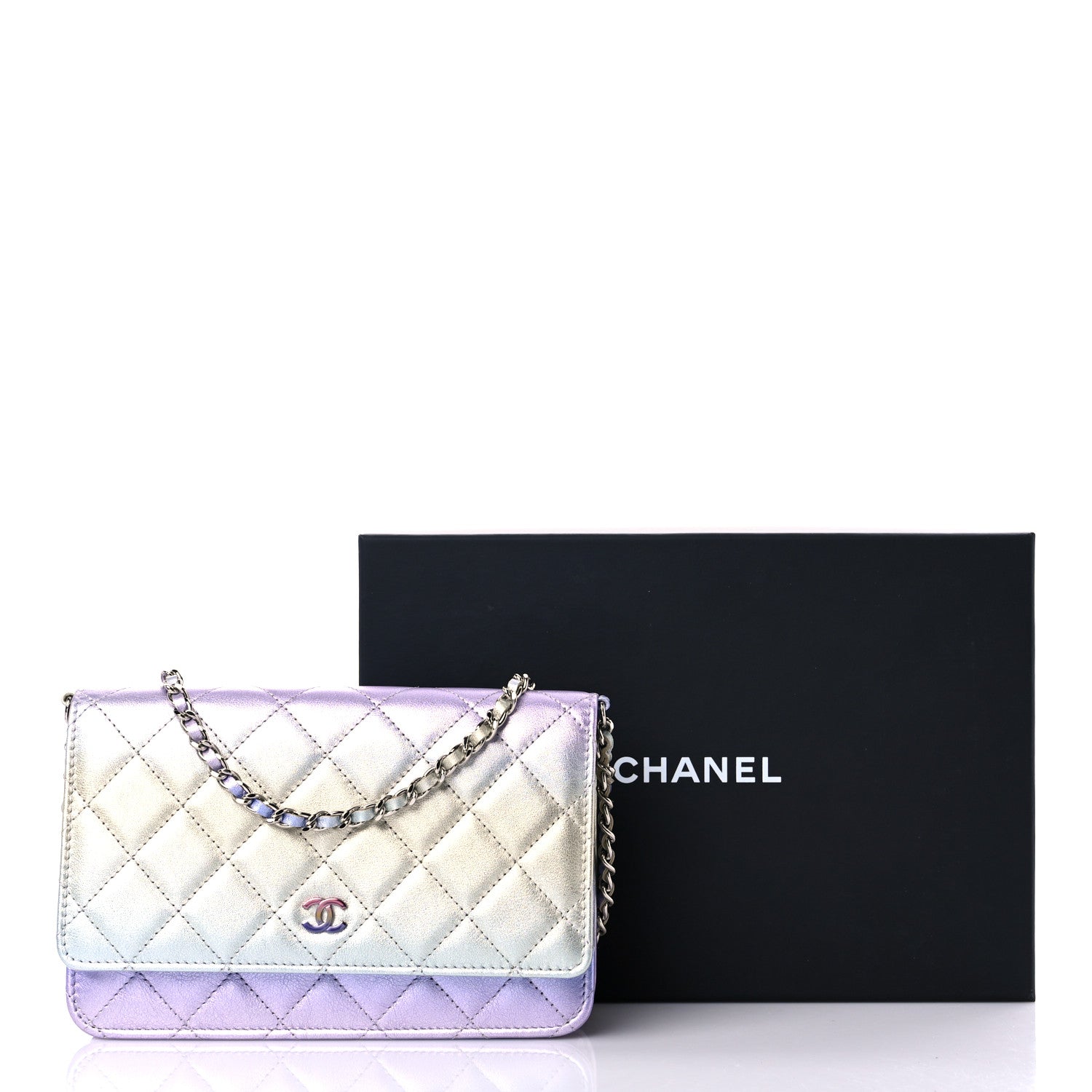 Chanel Gradient Metallic Calfskin Quilted Wallet On Chain WOC Silver Blue Yellow Purple 11 of 11