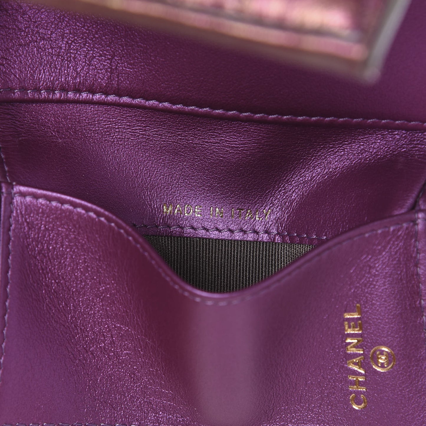 Iridescent Lambskin Small Quilted Flap Wallet Purple