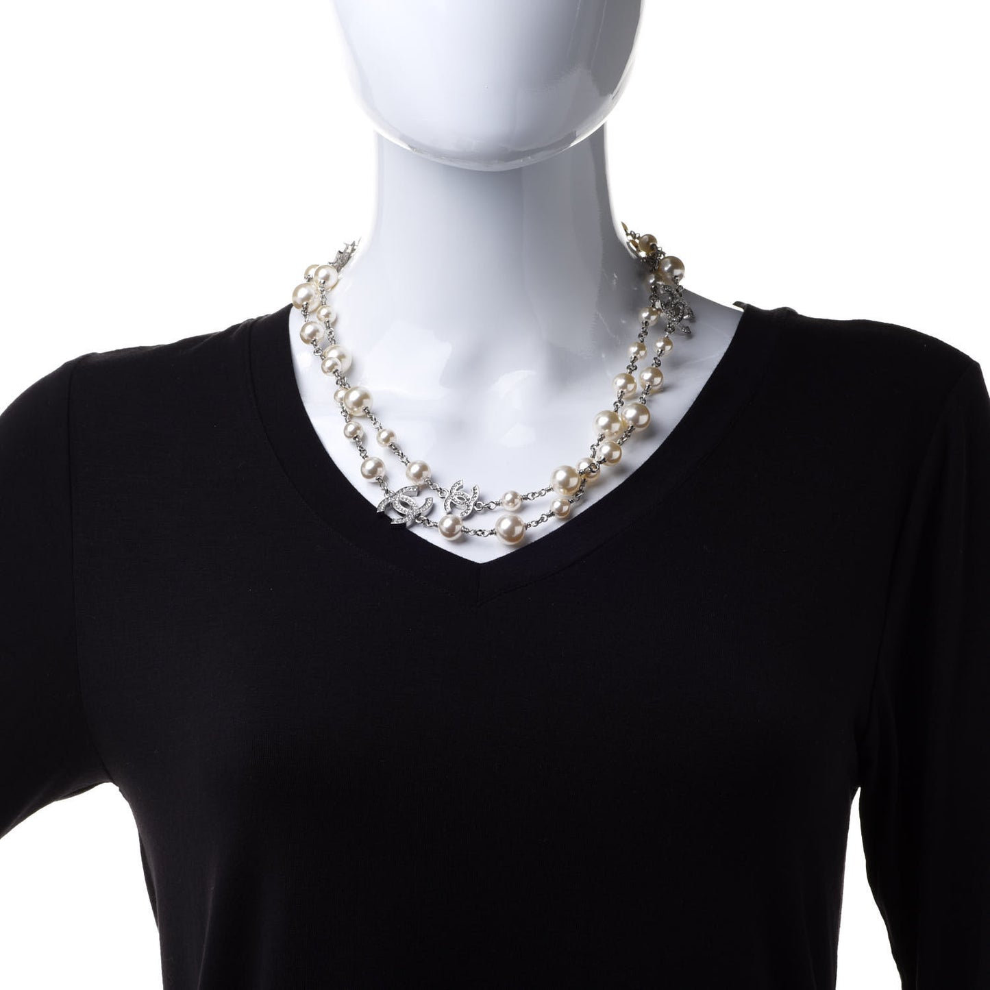 Crystal Pearl CC Long Necklace Silver