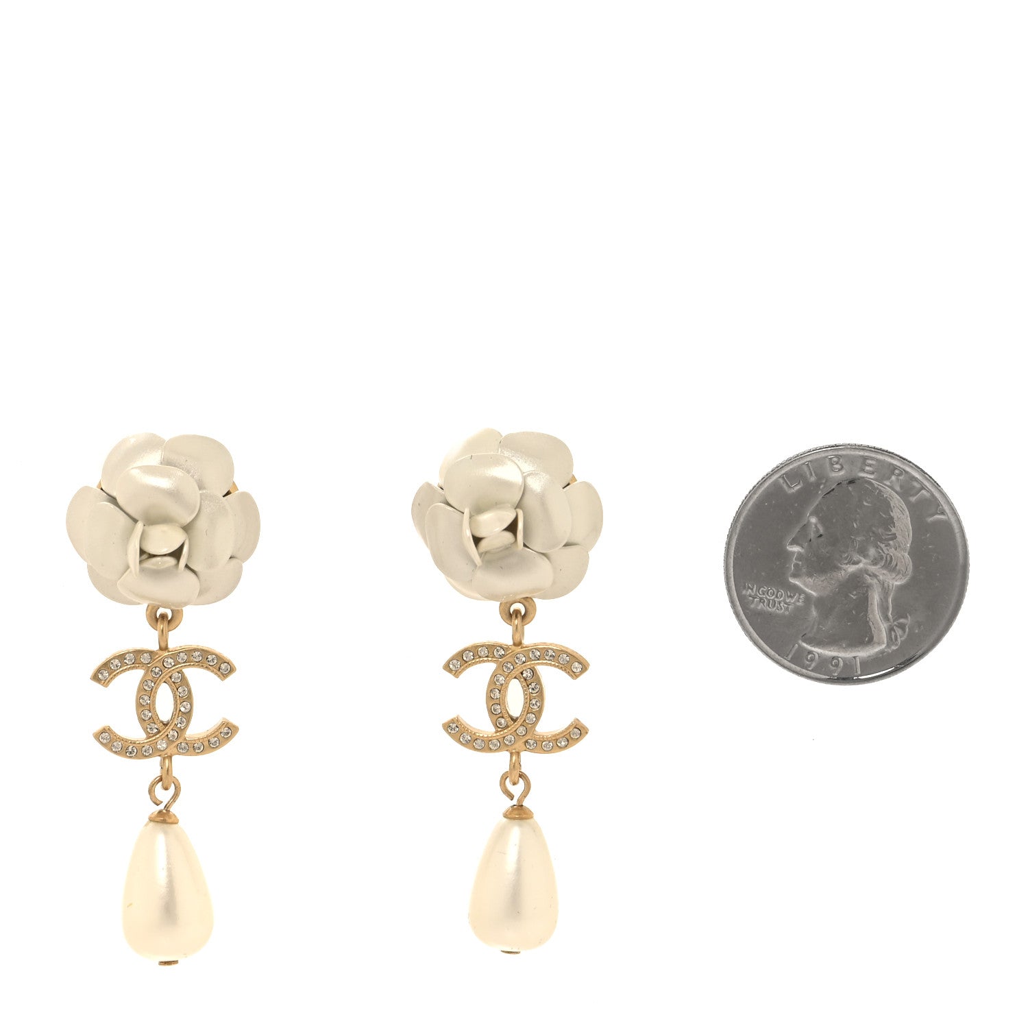 Chanel Metal Crystal Pearl 90s Camellia CC Drop Earrings Gold 2 of 5
