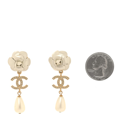 Chanel Metal Crystal Pearl 90s Camellia CC Drop Earrings Gold 2 of 5